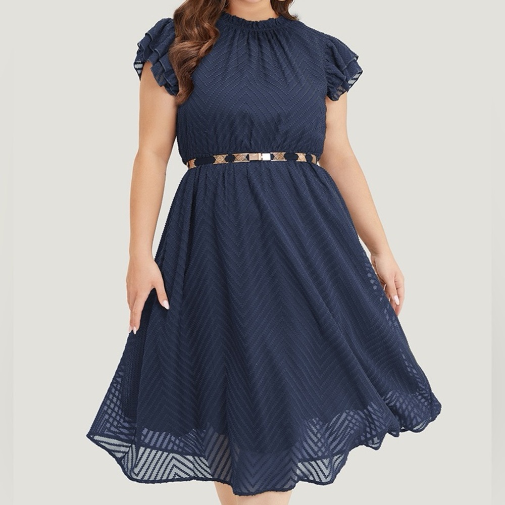 BloomChic Navy Textured Midi Dress with Ruffle Sleeves Plus Size 3X
